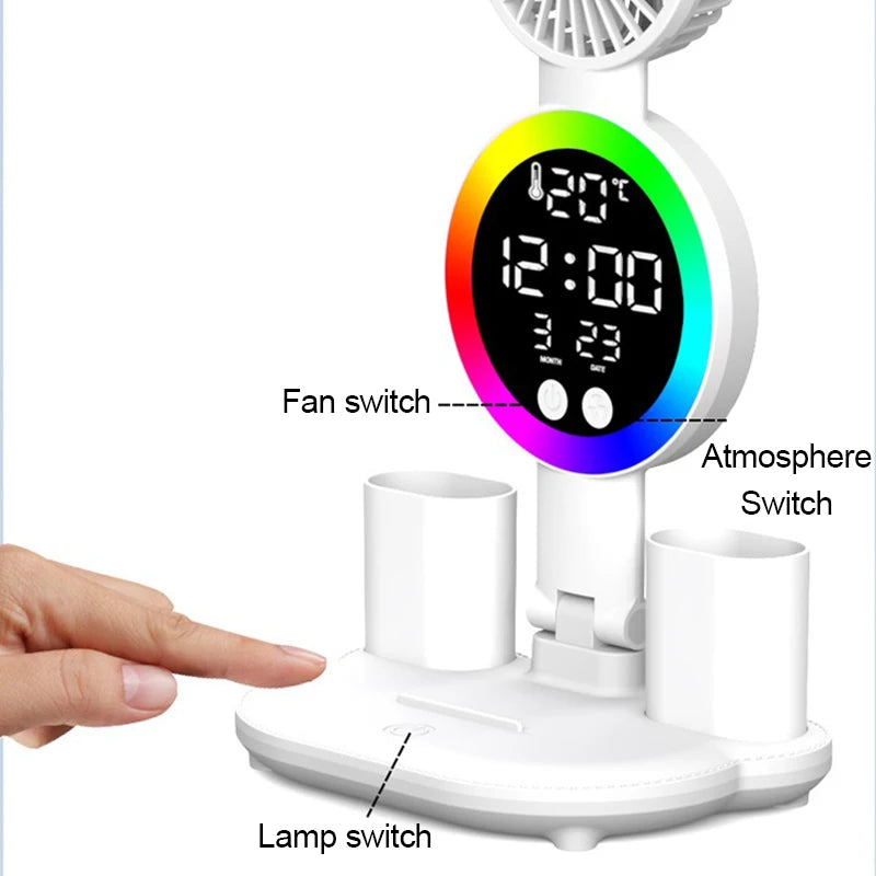 Rechargeable LED Table Lamp with Fan & Clock
