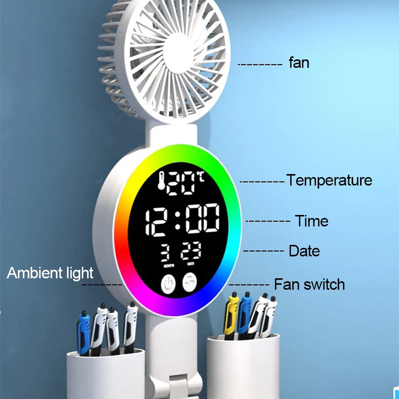 Rechargeable LED Table Lamp with Fan & Clock