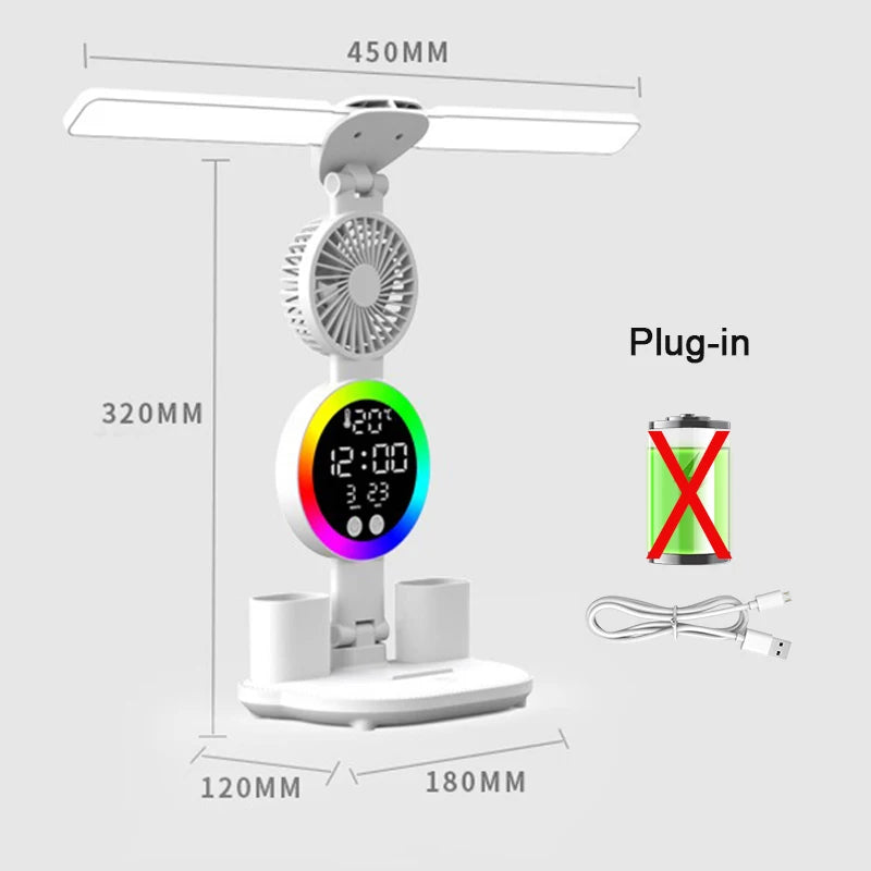 Rechargeable LED Table Lamp with Fan & Clock