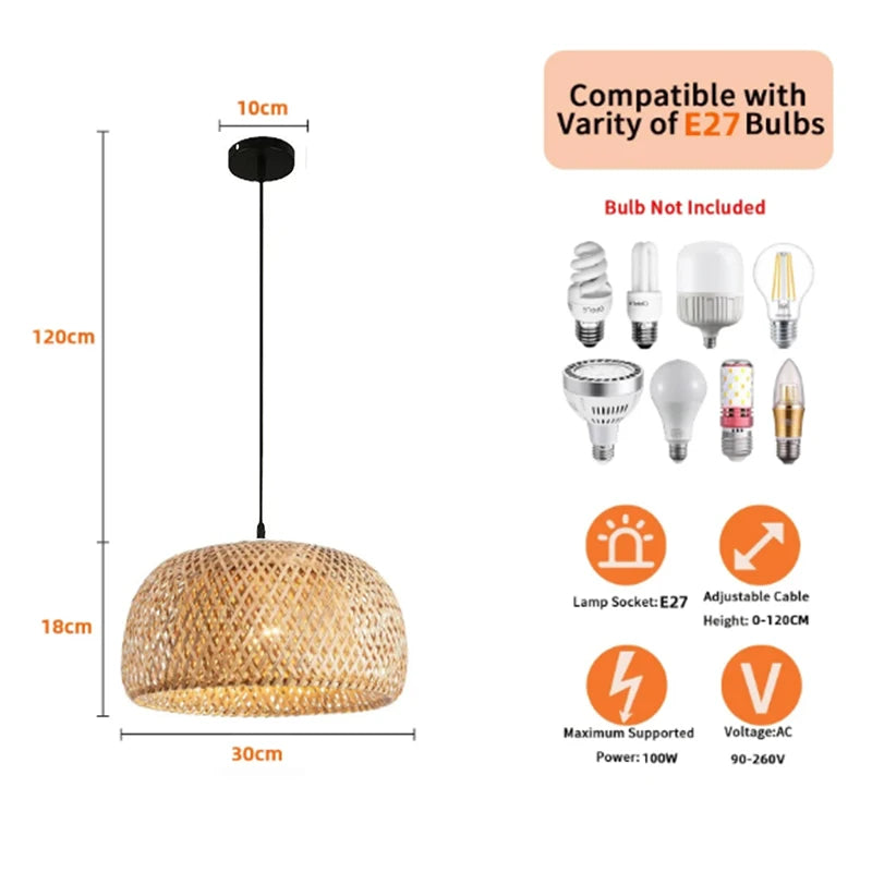 Bamboo Rattan Pendant Lamp 30cm Hand-Woven