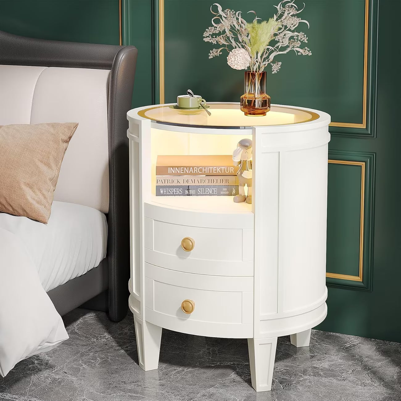 Oval 2-Drawer Nightstand with Glass Top