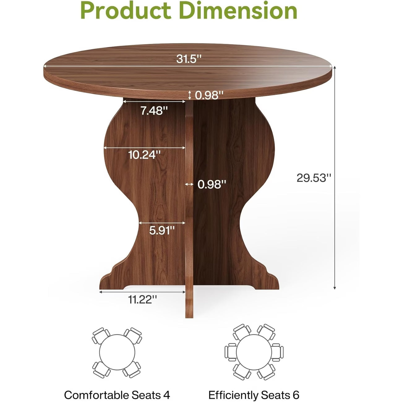 31.5" Round Farmhouse Dining Table for 4
