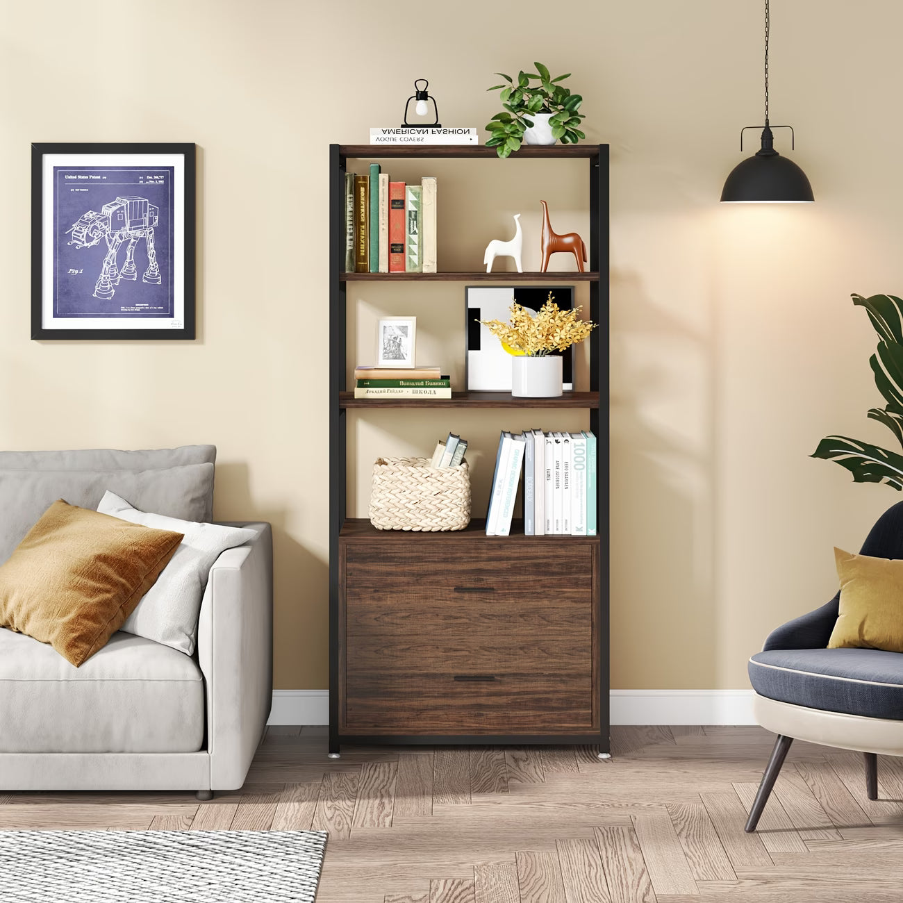 4-Tier Bookcase with 2 Drawers