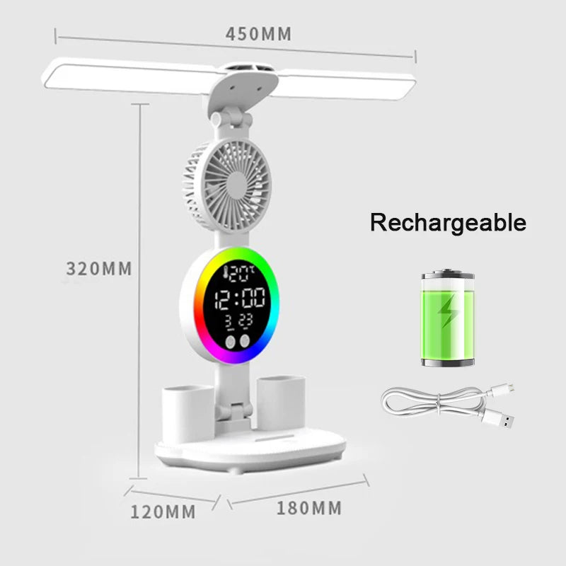 Rechargeable LED Table Lamp with Fan & Clock