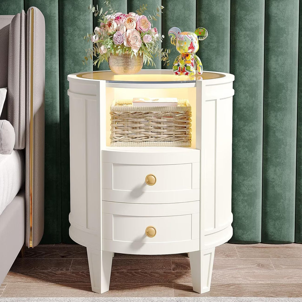 Oval 2-Drawer Nightstand with Glass Top