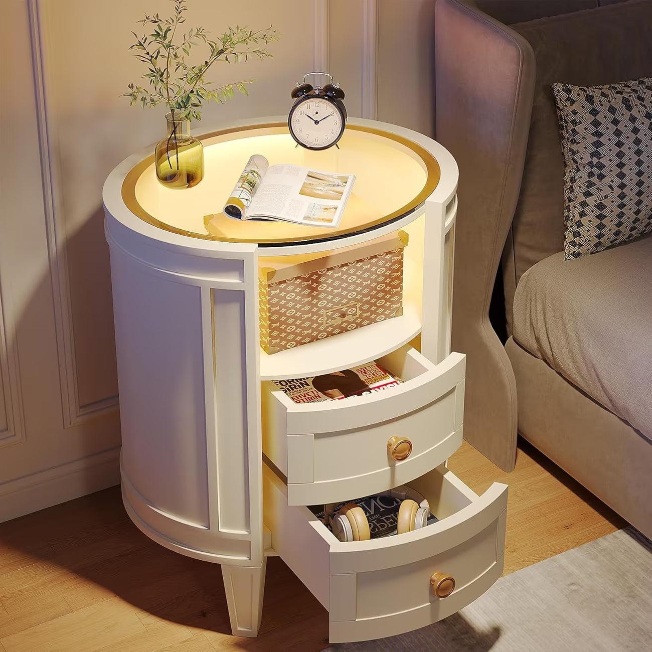 Oval 2-Drawer Nightstand with Glass Top